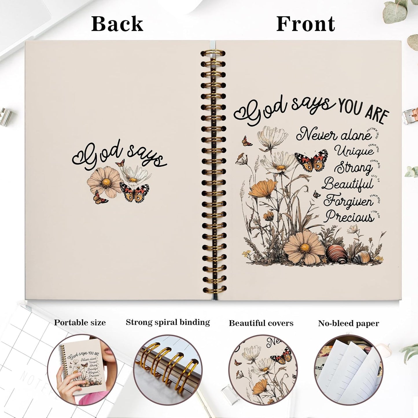 Bible Notebook, A5 Spiral Christian Journal with Floral Notebook, Bible Verse-God Says You Are, Inspirational Notebooks for Women, Bible Study, Gift for Birthday Christmas