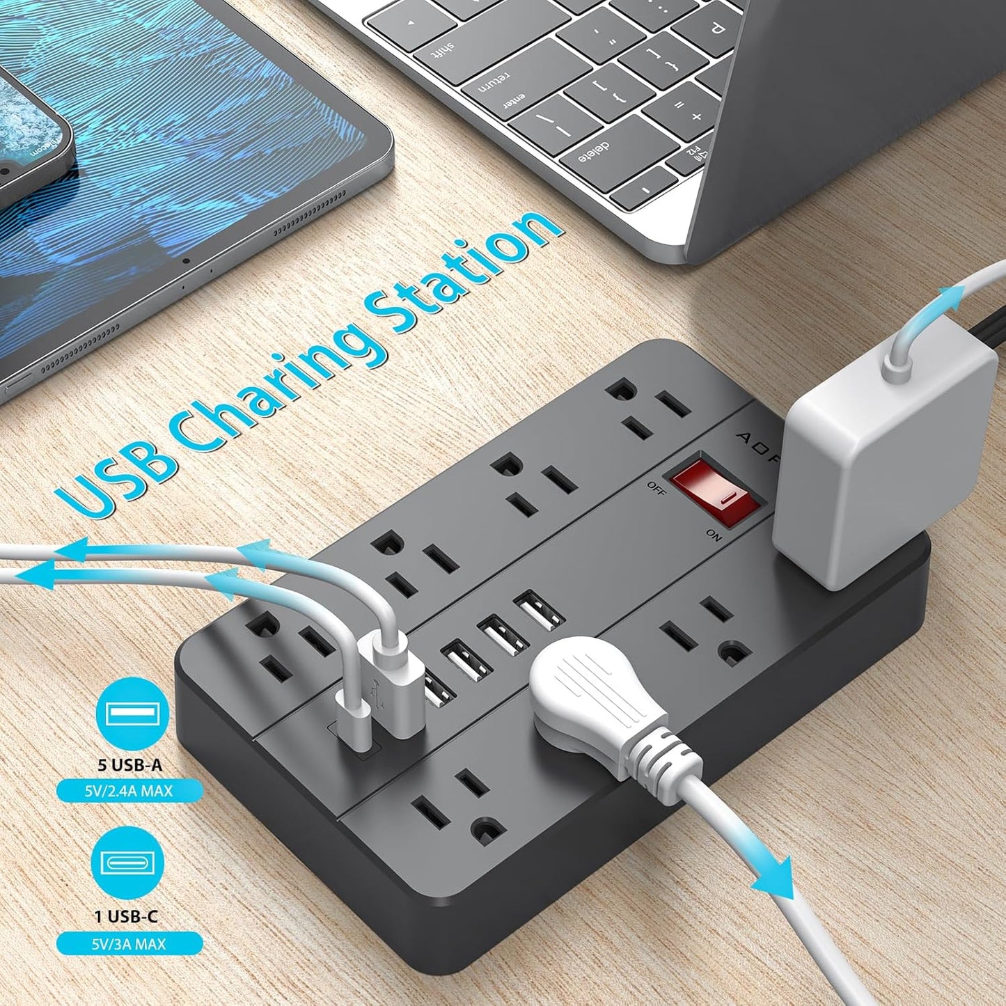 Surge Protector Flat Extension Cord Flat Plug Power Strip, AOFO 8 Widely Spaced Outlets and 6 USB Charger(1 USB C Port), 5 Ft, for Travel, Office, School, Dorm Room Essentials, Black