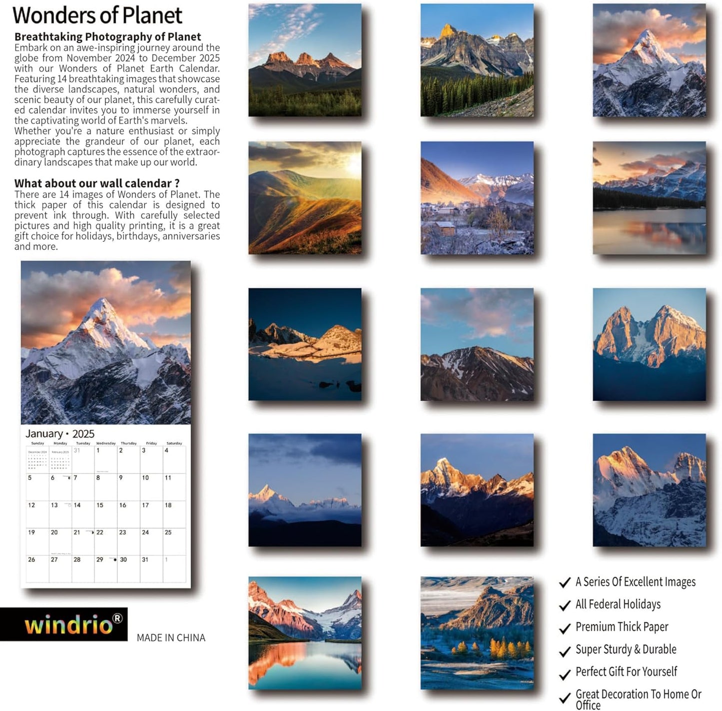 2025 Wall Calendar,Calendar 2025, January 2025 - December 2025, Wall Calendar Wonders of Planet, 12" x 24" Opened,Full Page Months Thick & Sturdy Paper for Gift Perfect Calendar Organizing & Planning