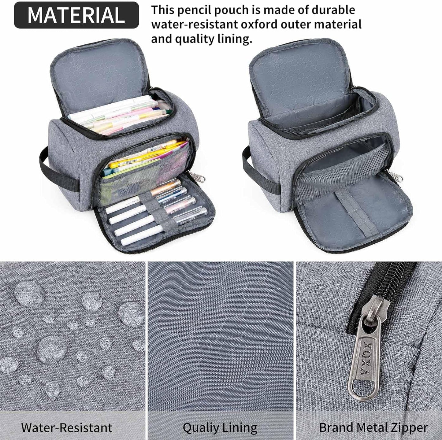 XQXA Large Capacity Pencil Case Organizer, Multifunctional Extra Big Pencil Pouch with Compartmens, Travel Simple Stationery Pen Bag, Fabric Pencil Bag for Men Women Girl Boy (Grey)