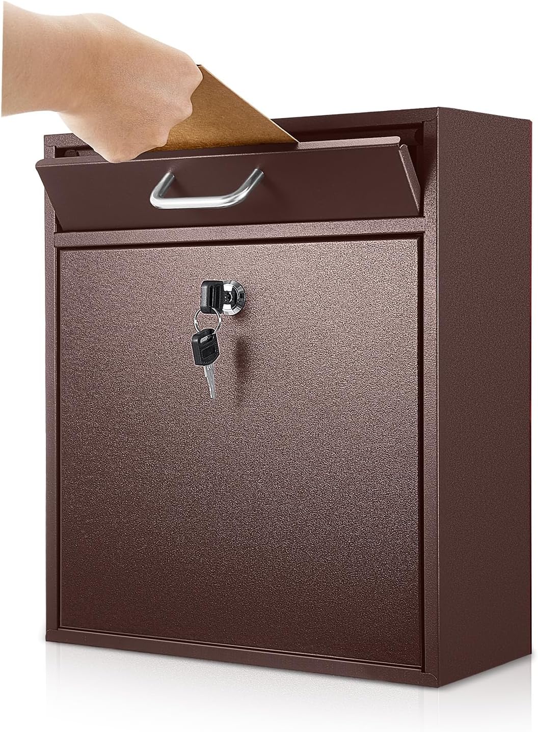 Locking Mailbox with Key for Outdoor 12 x 10.5 x 4.7 Inches Large Wall Mount Mail Box with Lock Security Mail Drop Metal Collection Boxes Hanging Secure Postbox(Brown)