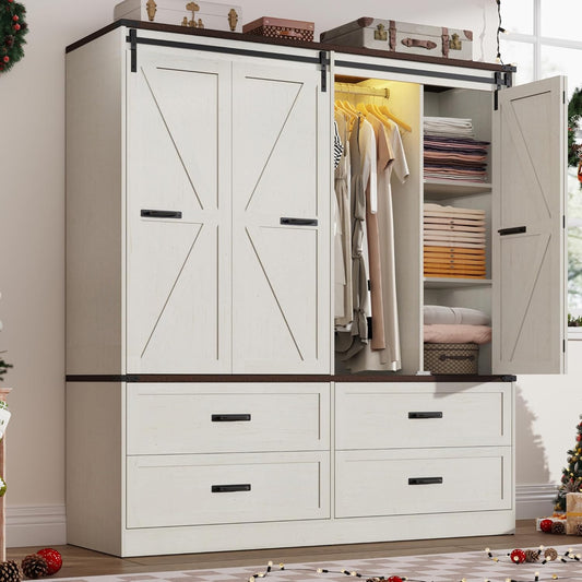 Farmhouse 4 Doors Armoire Wardrobe Closet w/Folding Sliding Barn Door and Lights, LED Armoire Closet w/Drawers for Bedroom, Freestanding Wooden Wardrobe Storage Closets w/Hanging Rod,Antique White