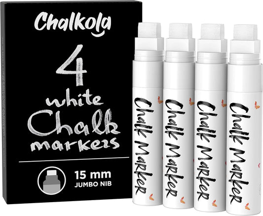 White Jumbo Chalk Markers - 15mm Window Markers | Pack of 4 White Pens - Use on Cars, Chalkboard, Whiteboard, Blackboard, Glass, Bistro | Loved by Teachers, Artists, Businesses