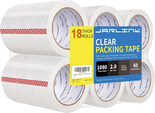 JARLINK Clear Packing Tape (18 Rolls), Heavy Duty Packaging Tape for Shipping Packaging Moving Sealing, Stronger & Thicker 2.8mil, 2 inches Wide, 60 Yards Per Roll, 1080 Total Yards