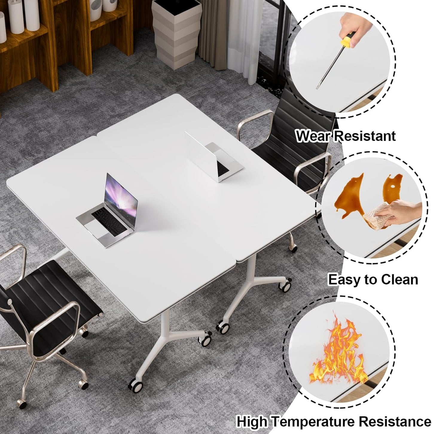 Folding Conference Table, Modern Large Conference Room Tables with Flip-Top Design, Foldable Conference Table Meeting Table with Wheels, Mobile Seminar Training Tables for Office Classroom (2, White)