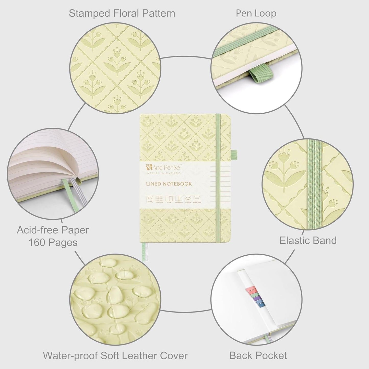 &And Per Se Lined Journal Notebook for Women&Men with Pattern, 160 Pages 100GSM Thick Paper, A5 Hardcover Journals for Writing(Light Green)