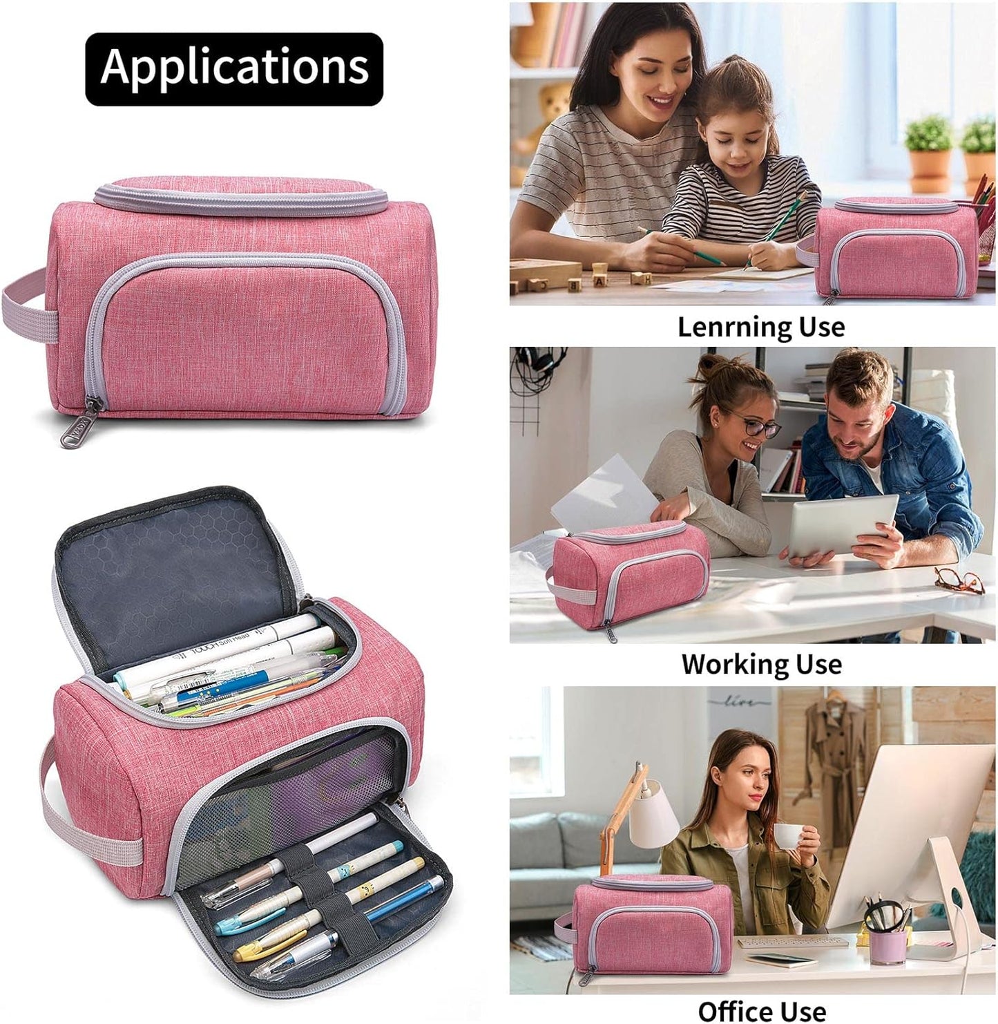XQXA Extra Large Capacity Pencil Case Organizer, Multifunctional Pencil Pouch with Compartmens, Travel Simple Stationery Bag, Nylon Pencil Bag for Adults (Pink)