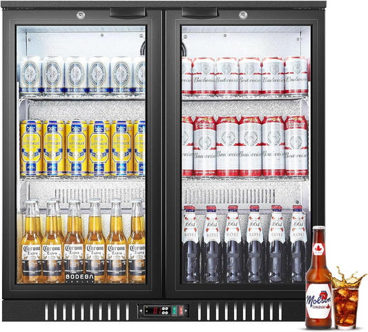 BODEGACOOLER Back Bar Cooler With 2 Glass Doors,Commercial Bar Cooler Under Counter7.4Cu.Ft,Back Bar Fridge, Beverage Bar Refrigerator with LED Lighting for Display Beverage,for Beer,Soda Drinks,Wine