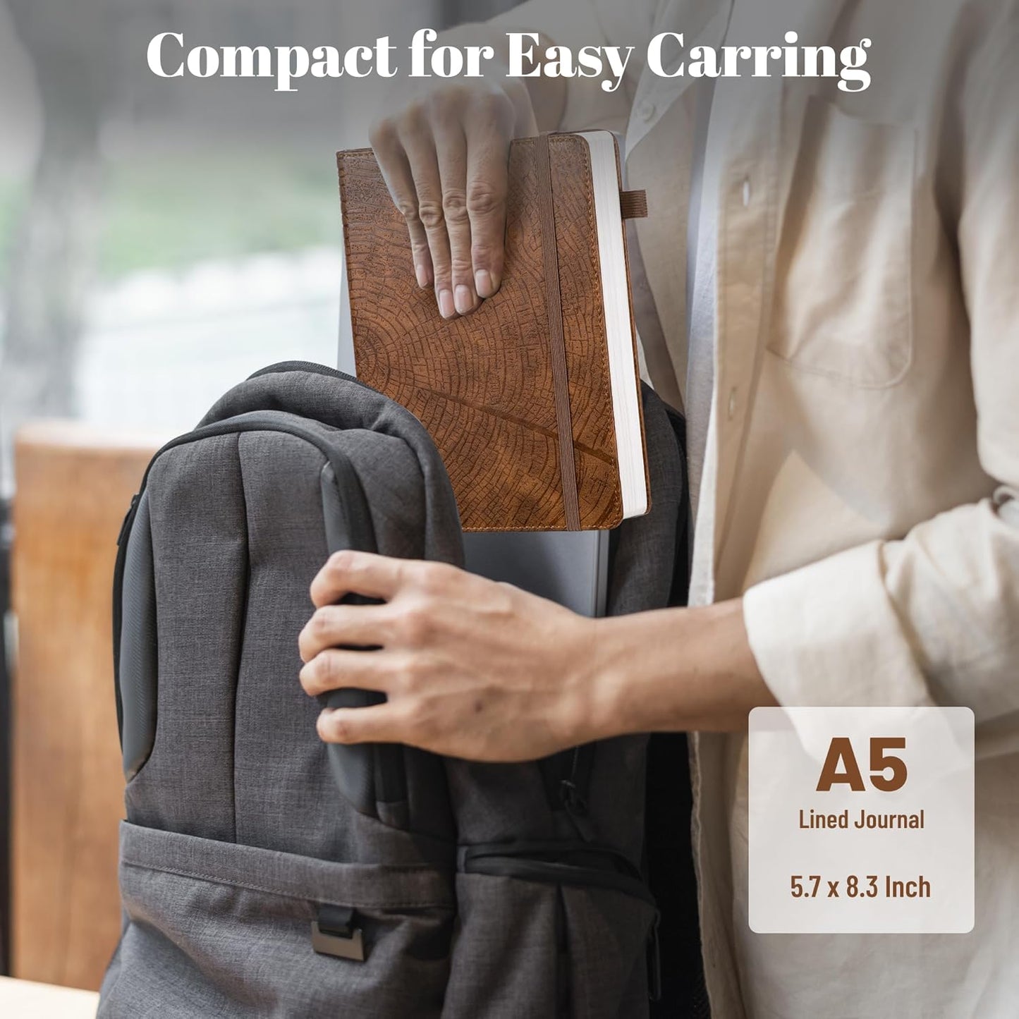 CAGIE Lined Journal for Men Women, Tree Growth Ring Leather Bound Journal Notebook, 256 Pages 100 GSM Journals for Writing, A5 Hardcover Journaling Notebooks,2 Pack (Brown & Brown)