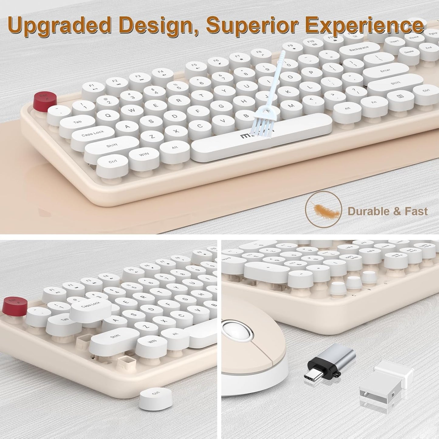 Wireless Keyboard and Mouse Combo, MOFII 104 Keys Full-Size Retro Round Keys Typewriter Keyboards Ergonomic Keyboards and Mouse Wireless for Windows, PC, Laptop, Desktop White
