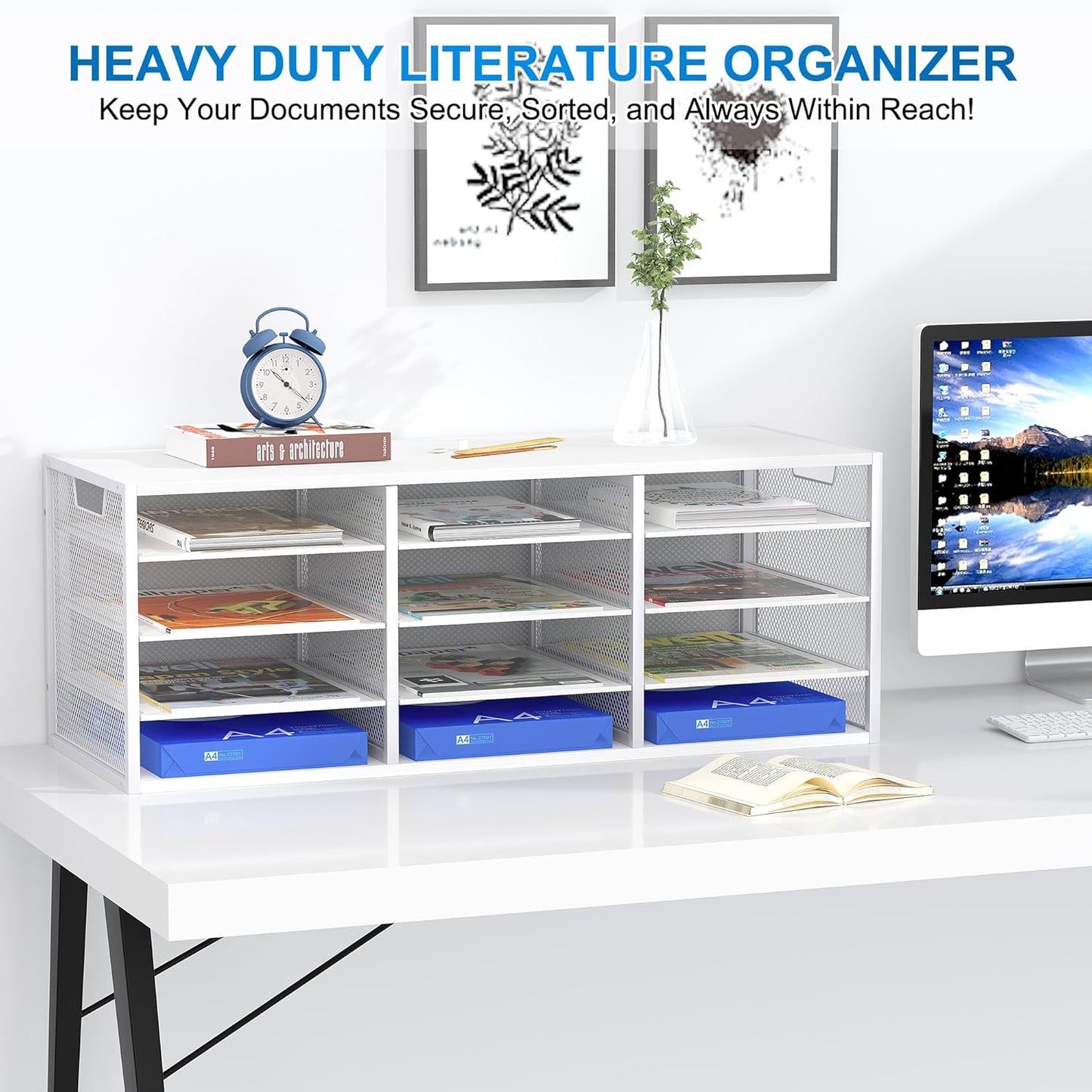 Mail Sorter Adjustable Countertop Mail Holder, Heavy Duty Literature Organizer, Student Mailbox for Classroom, Desktop Bill Paper Organizer for Office Home School, 12 Compartments, White