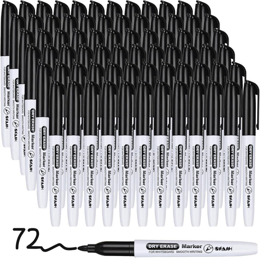 SFAIH Fine Tip Dry Erase Markers - 72 Pack Black Whiteboard Erasable Markers Bulk for Kids Adults, Ideal for Classroom School Office Home Use on White Board, Non-Toxic Easy Clean
