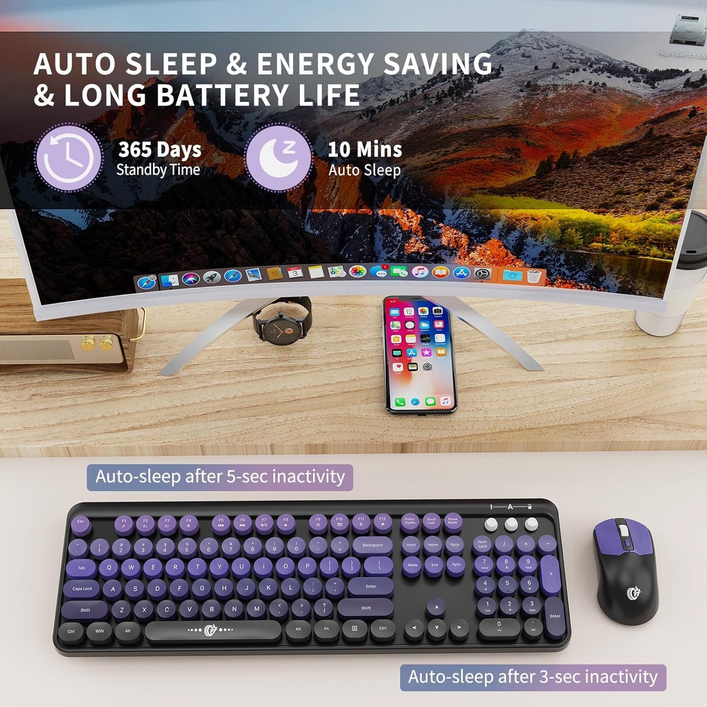 Wireless Keyboard and Mouse Combo, 2.4 GHz Wireless Full-Sized Typewriter Keyboard with Round Keycaps for Windows, Computer, Desktop, PC, Laptop (BlackPurple)