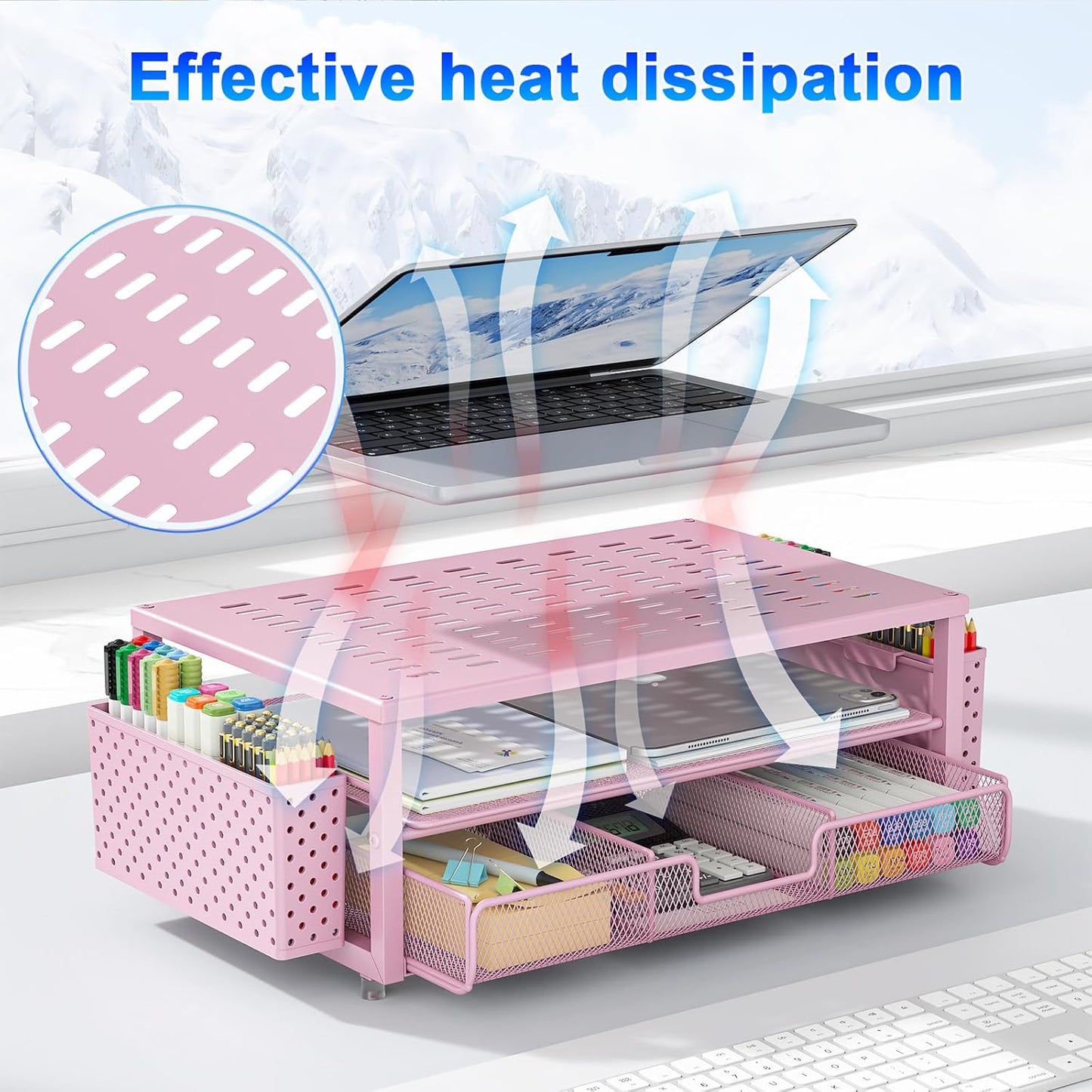 gianotter Desk Organizers and Accessories, Monitor Stand with Drawer and 2 Pen Holder, Desktop Organizer Suitable for Offices and Dormitories (Pink)