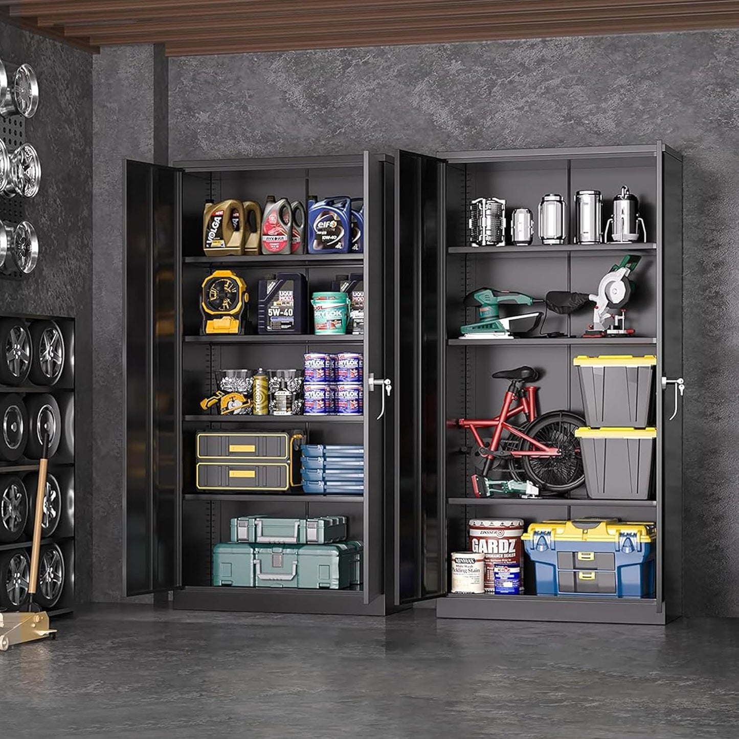 Greenvelly Metal Storage Cabinets 72” Black Garage Steel Storage Cabinet with Doors and Shelves, Metal Tool Cabinet, Steel File Cabinet for Home Office, Basement, Warehouse, Classroom（Anti Tipping）