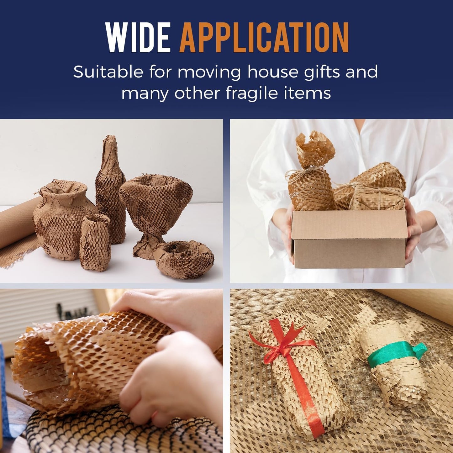 Honeycomb Packing Paper 15" x 300ft with Rope & 20 Fragile Stickers|Shipping & Moving Supplies|Small Business Packaging Supplies|Eco Friendly Bubble Wrap Packing Boxes for Moving Certified FSC C204227