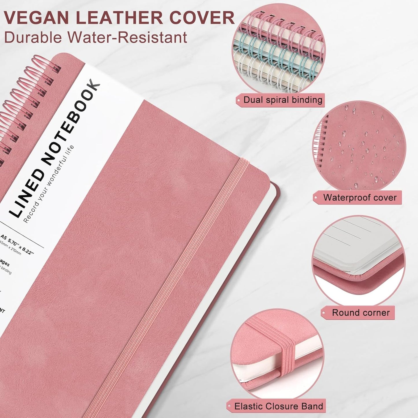 Lined Spiral Journal Notebook, A5 Hardcover Leather Notebook for Work, 5.7''×8.2'', 100GSM Thick Paper Spiral Bound Journaling Notebook for Women Men Office School Note Taking Business, Morandi Pink