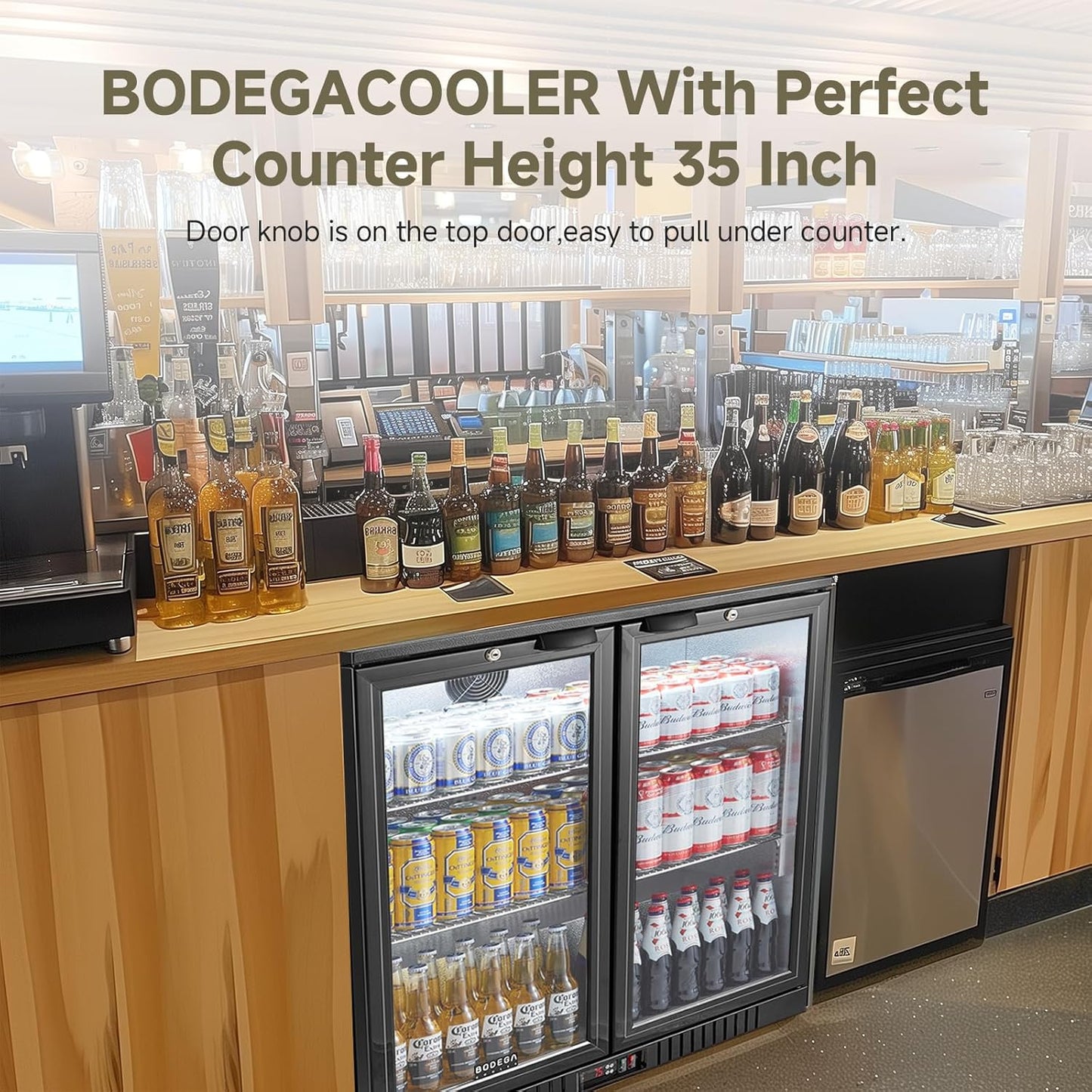 BODEGACOOLER Back Bar Cooler With 2 Glass Doors,Commercial Bar Cooler Under Counter7.4Cu.Ft,Back Bar Fridge, Beverage Bar Refrigerator with LED Lighting for Display Beverage,for Beer,Soda Drinks,Wine