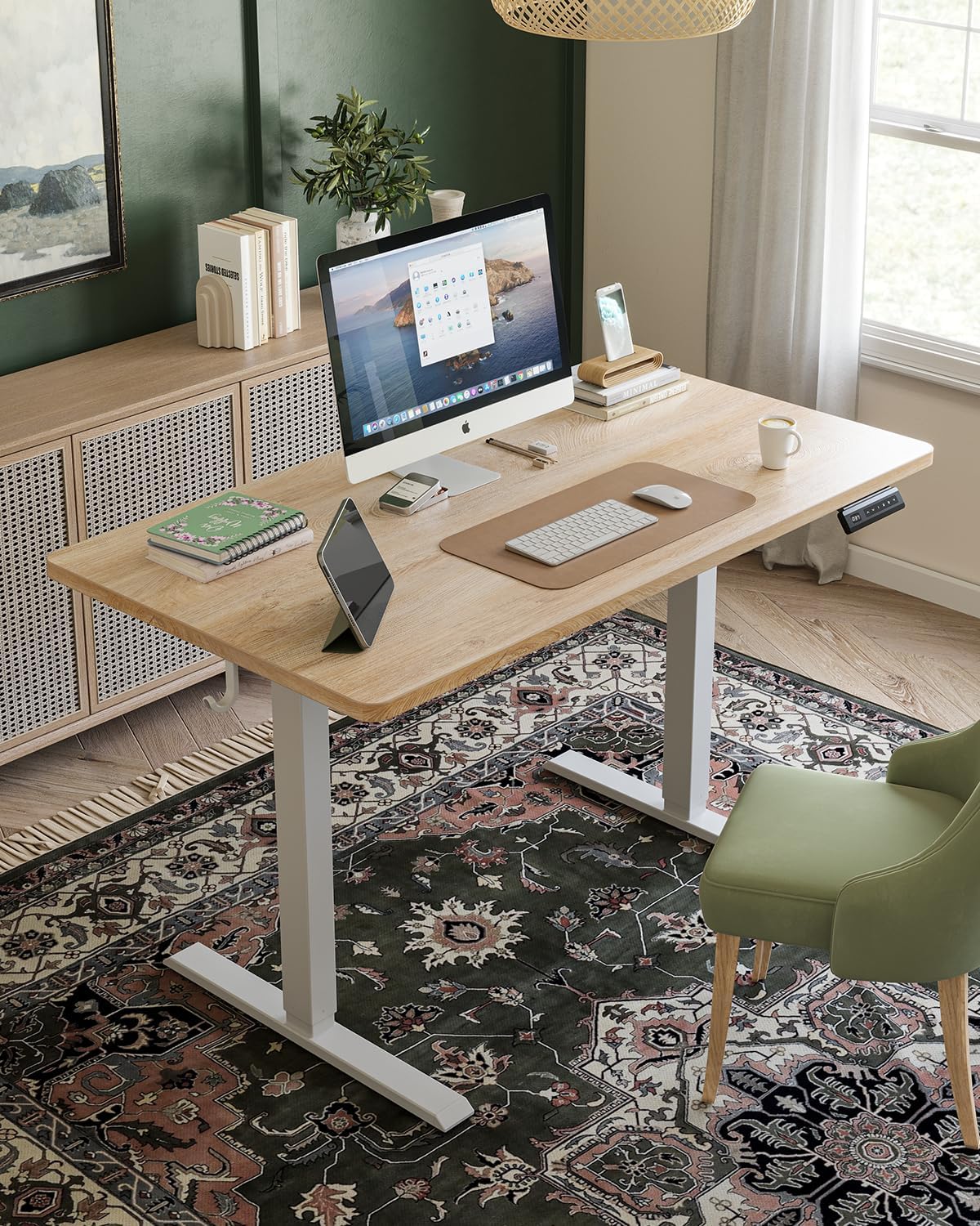 FEZIBO One-Piece Standing Desk Adjustable Height Stand up Home Office Desk, 32x24 Inch Electric Standing Computer Desk, with 4 Memory Presets, Fixable casters, Maple