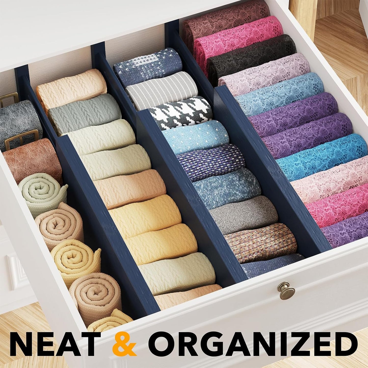 SpaceAid Bamboo Dresser Drawer Dividers 6 Pack, 4.65“ High Adjustable 12.5“-17” Drawer Organizers, Expandable Organization for Clothing, Clothes, Dressers, Navy Blue