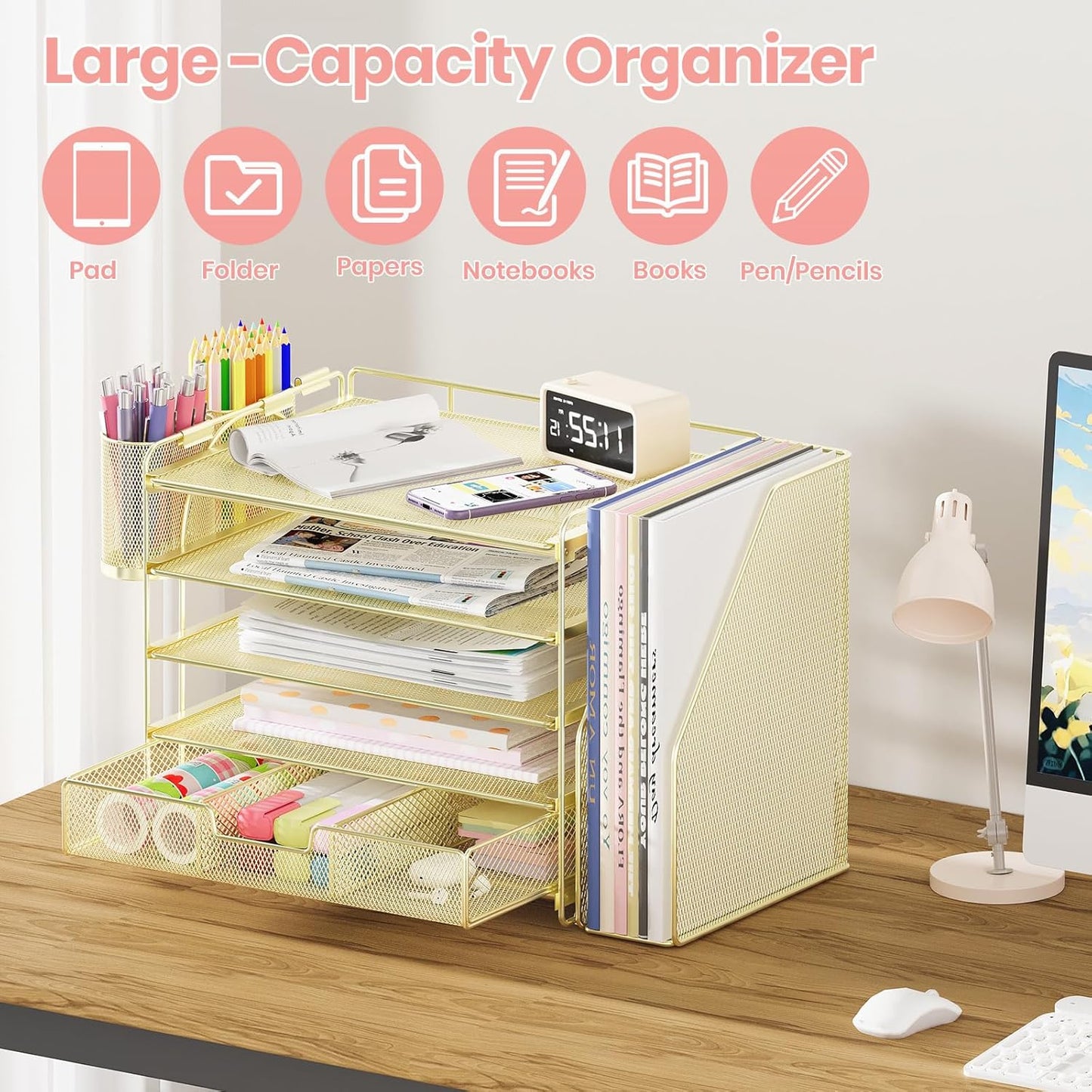Desk Organizers and Accessories, 5-Tier Paper File Organizer with Drawer & Pen Holder, Office Desk Accessories Workspace Desktop Organizer for Office Supplies(Gold)