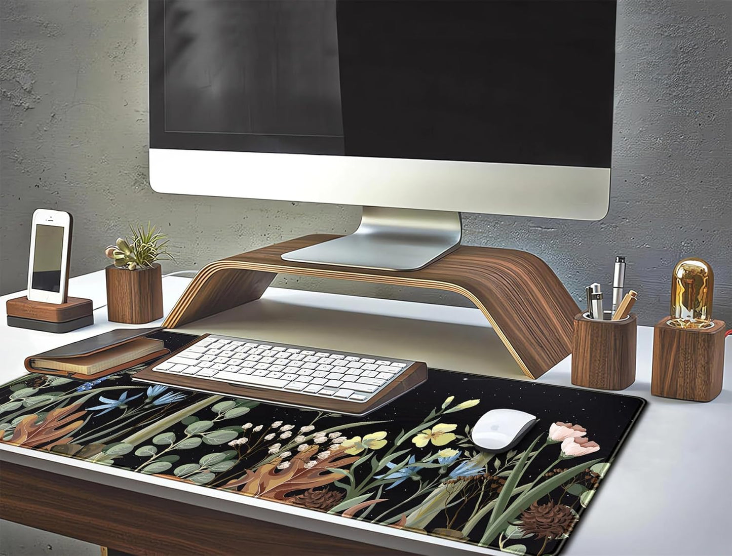 Cute Gaming Black Wild Flowers Desk Mat Mouse Pad Star Moon Floral Mousepad Large, XL Big Computer Keyboard and Mouse Mat Desk Pad Mat with Stitched Edge for Women Office Decor Deskmat 31.5x11.8 in