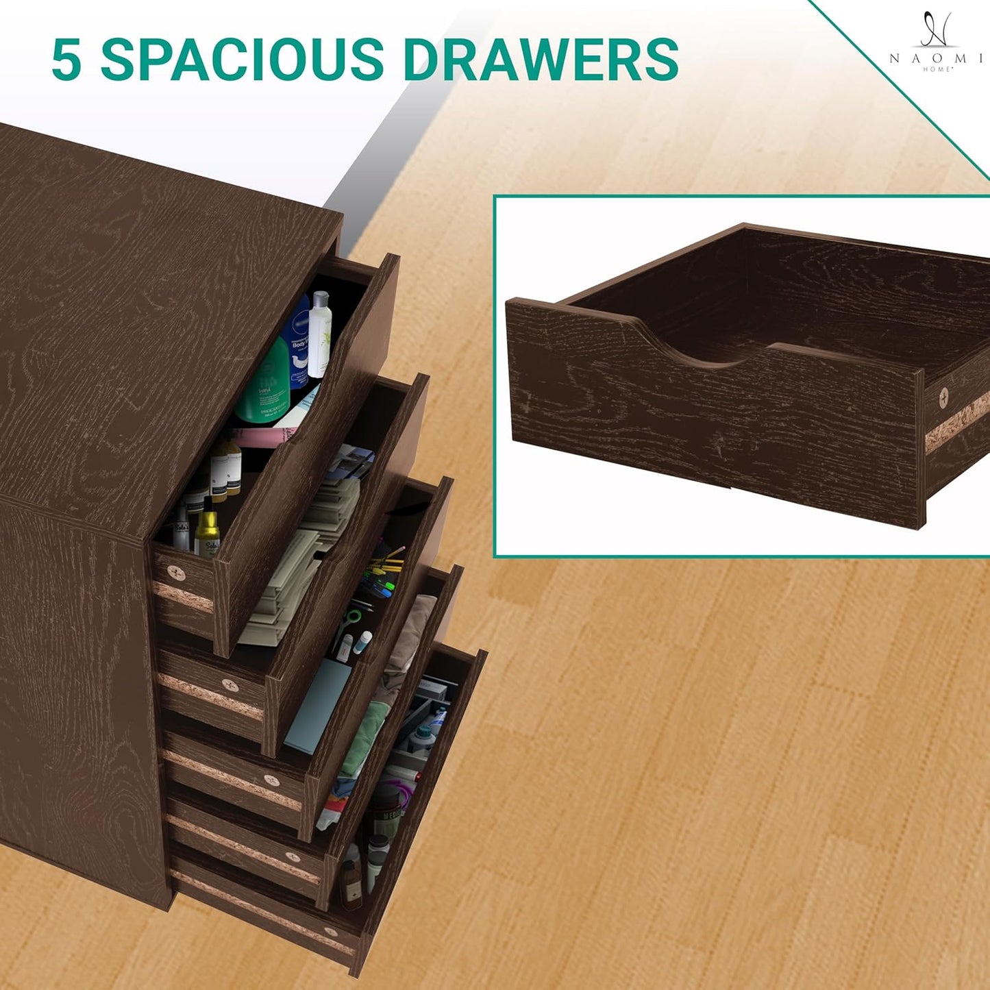 Naomi Home Wooden Office File Cabinets for Home Office, Lateral File Cabinet, Mobile Storage Cabinet Filing Storage Drawer Espresso/5 Drawer