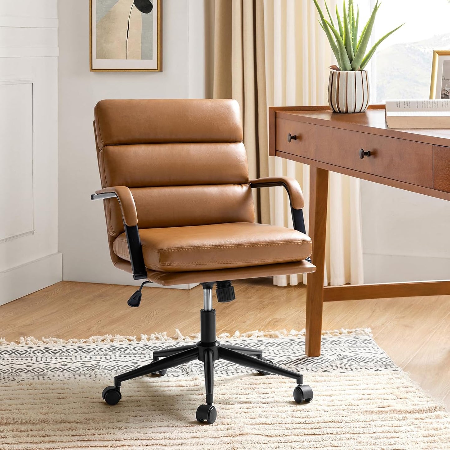 HULALA HOME Modern Faux Leather Home Office Chair with Tilt Lock & Metal Base, Desk Chair with Wheels & Padded Cushion, 360° Swivel Wide Seat Computer Task Chair, Camel