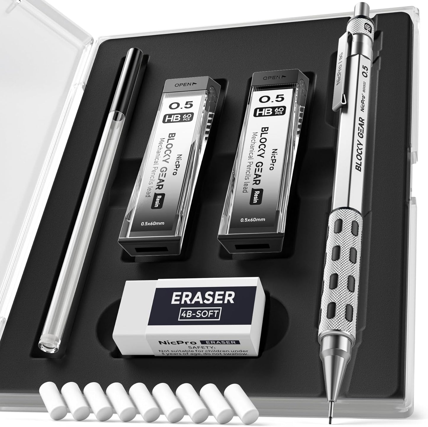 Nicpro Blocky Gear 0.5 mm Mechanical Pencil Set in Case, Metal Pencil with Lead Refills, Eraser for Professional & Adult Art Writing Drafting Drawing