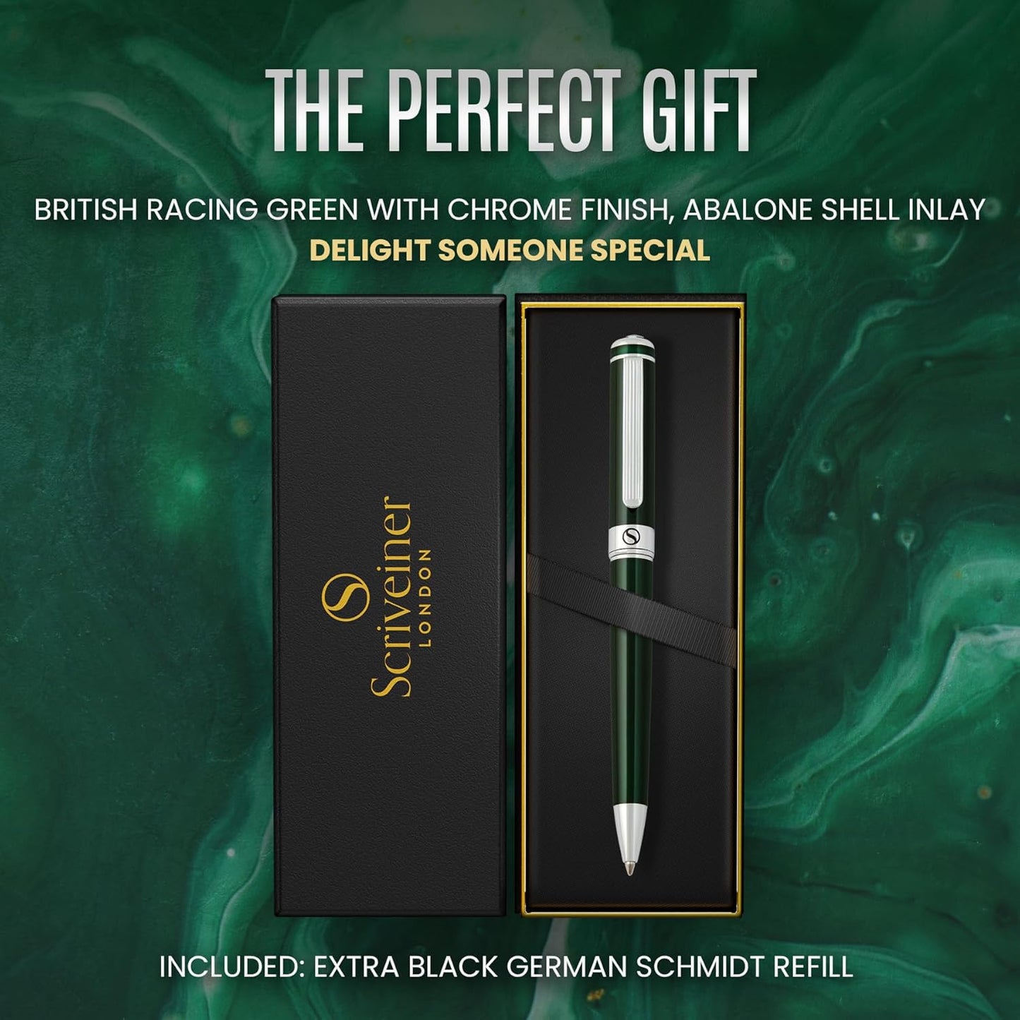 Scriveiner Green Ballpoint Pen - Stunning British Racing Green Luxury Pen, Chrome Finish, Schmidt Black Refill, Best Ball Pen Gift Set for Men & Women, Professional Executive Office, Nice Designer Pen