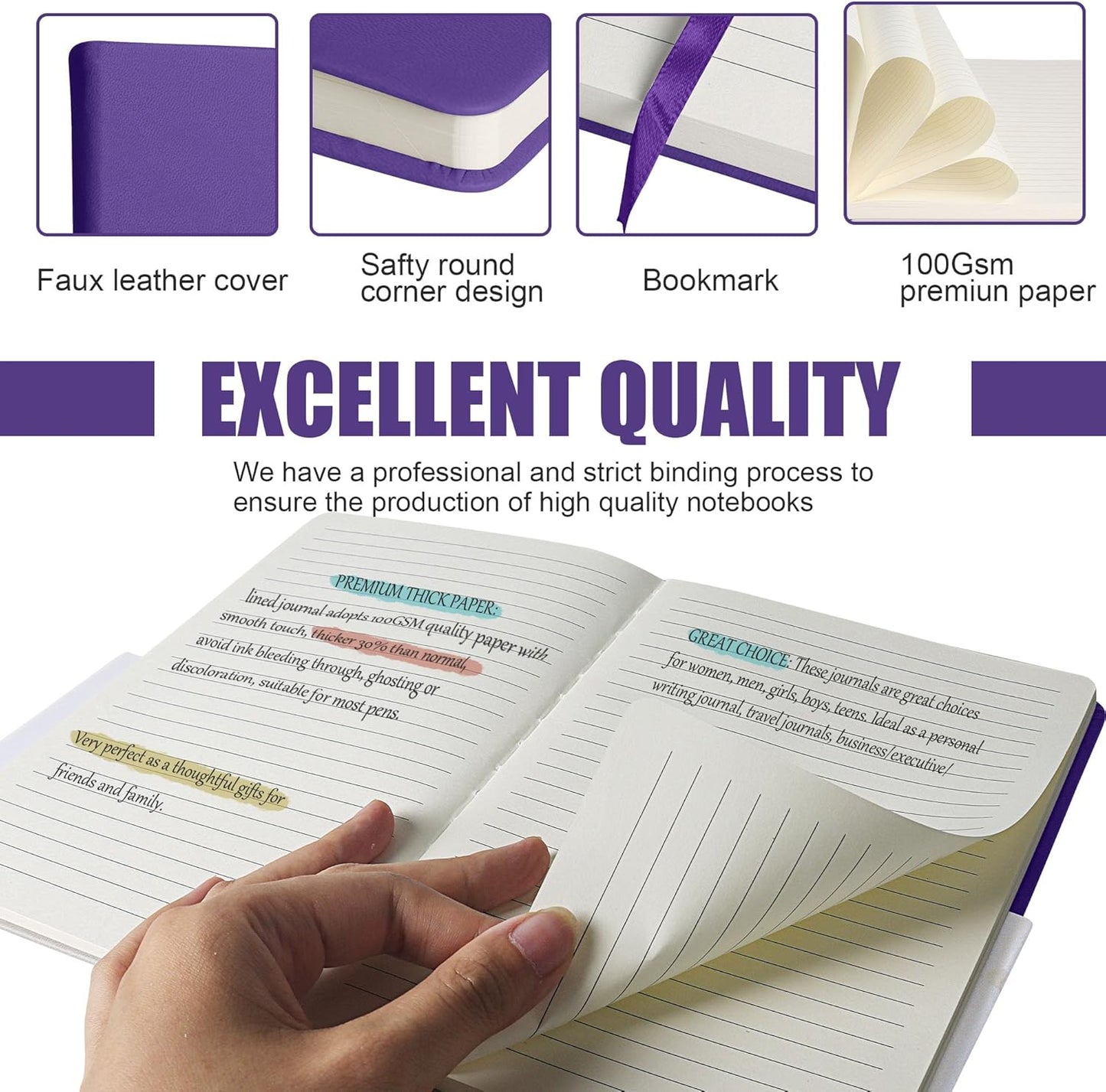 Lined Journal Notebook, 160 Pages, Medium 5.7 inches x 8 inches - 100 gsm Thick Paper, Hardcover (1, Purple)