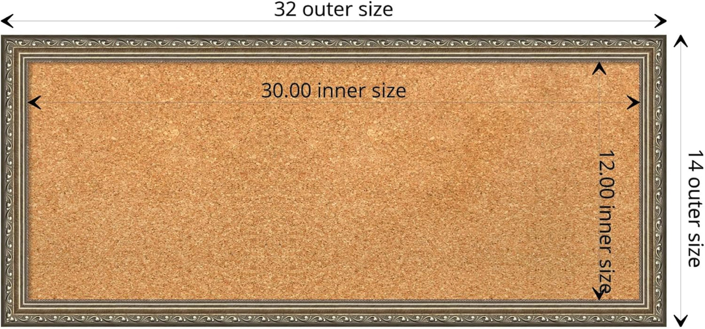 Amanti Art Natural Cork Board for Wall, 14x32 Vision Board with Silver Wood Frame, Medium Corkboard Office Decor for Home Organization, Traditional Corkboard Pinboard to display items for home