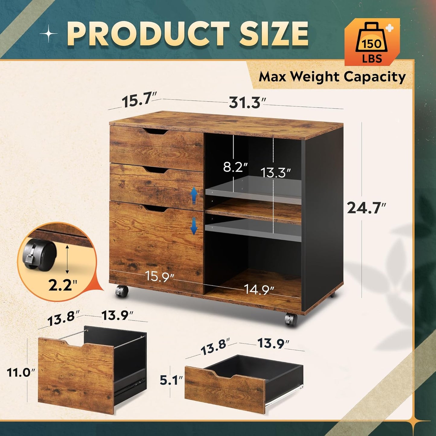 DEVAISE 3-Drawer Wood File Cabinet, Mobile Lateral Filing Cabinet, Printer Stand with Open Storage Shelves for Home Office, Rustic Brown