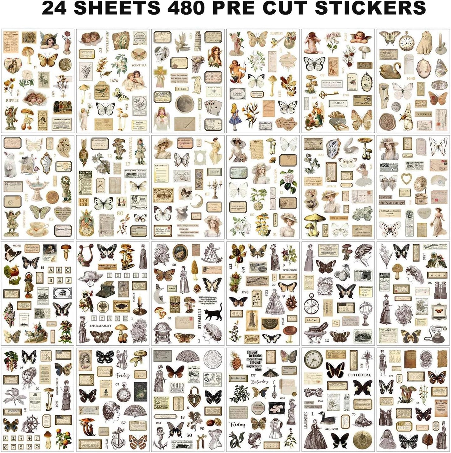 Vintage Ephemera Sticker 24 Sheets 480 precut washi Stickers Paper Journal Stickers for Adults Junk Journal Sticker Book Scrapbooking Supplies