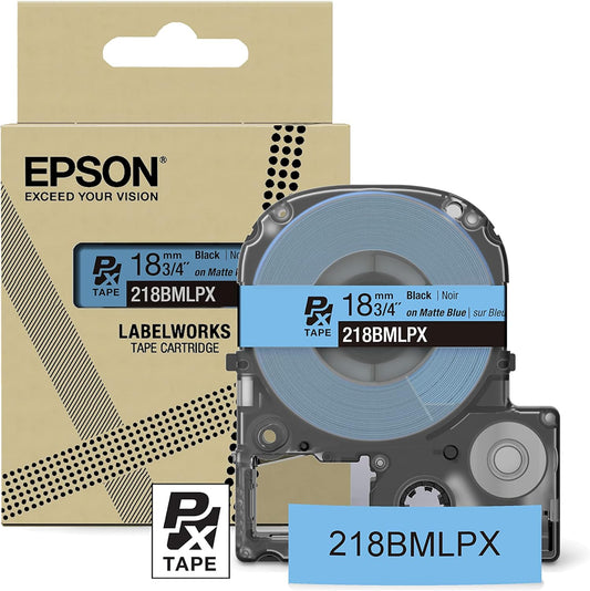 Epson LABELWORKS 218BMLPX Genuine PET (Polyester) Tape Cartridge - Black on Matte Blue Designer Craft Label Maker Tape - 3/4" (18MM) Wide, 26'