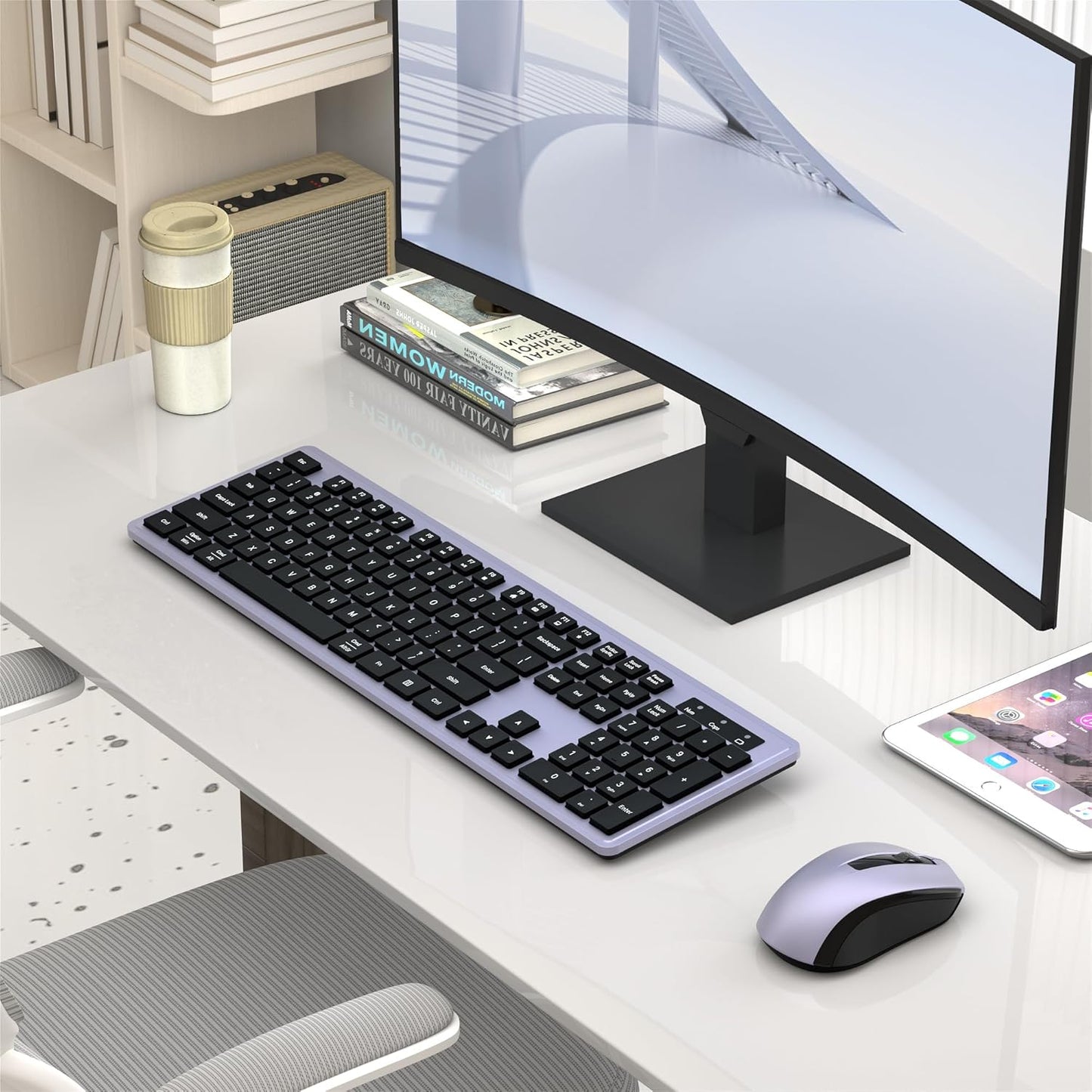 Wireless Keyboard and Mouse Combo, COVEVA 2.4GHz Wireless Keyboard Mouse with USB Receiver, Water-Dropping Keycaps, 104 Keys Full Size with Number Pad for PC Laptop Computer Desktop(Black Purple)