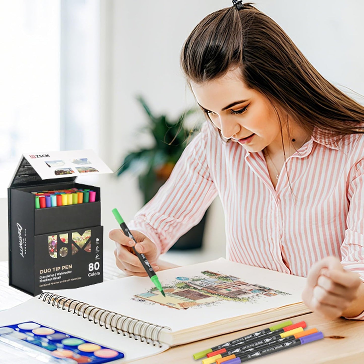 ZSCM 80 Colors Markers for Adult Coloring Books No Bleeding - Duo Tip Art Pens, Fine & Brush Coloring Marker for Adult Calligraphy, Illustration, Cards Drawing, Note taking Lettering, Journaling