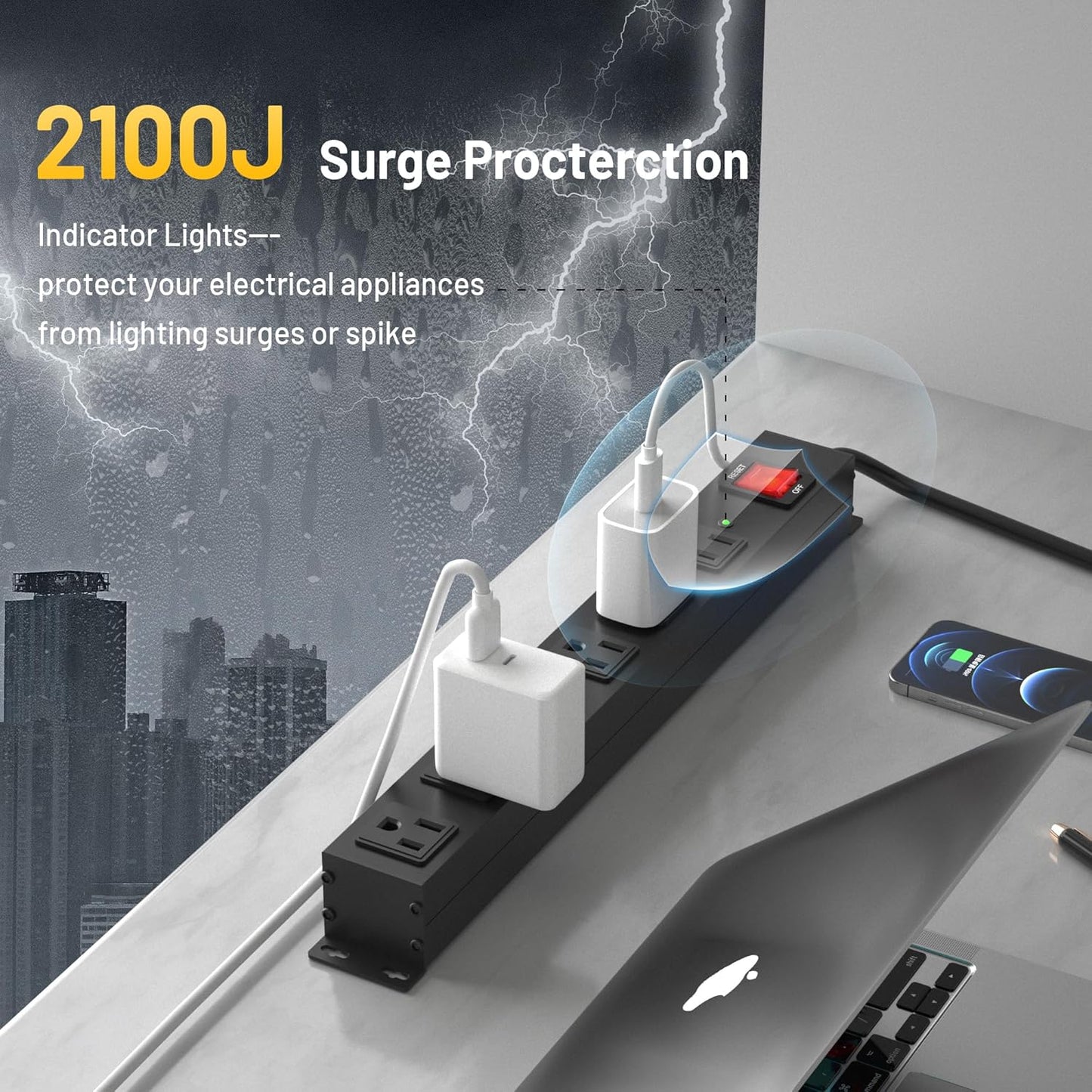 KF 6 Outlet Metal Wall Mount Power Strip, 2100J Surge Protection Heavy Duty Power Strip, 15A/1875W Mountable Power Strips with Upgraded Switch, 14AWG 12FT Power Cord