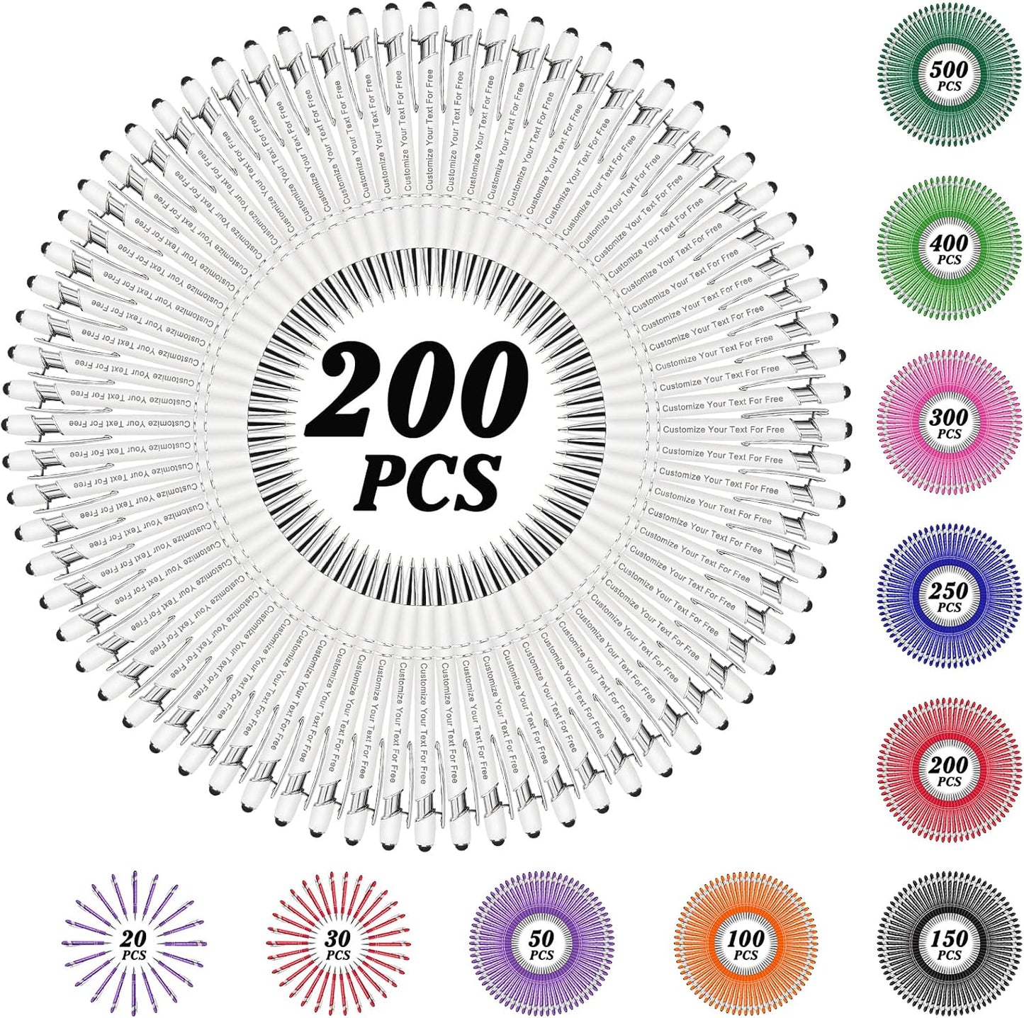 Max 500 Pcs Personalized Pens Bulk, Custom Pens with Free Engraving, Customized Stylus Tip Ballpoint Pen with Your Name Massage Text for School Office Business Graduation Anniversaries-200 Packs