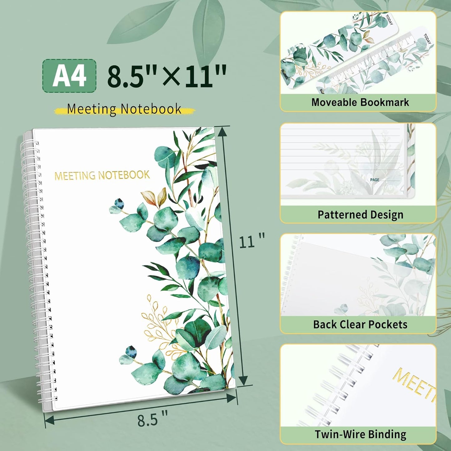 SUNEE Half Meeting Half Note - 8.5"x11" Professional Notebooks for Work - 160 Pages, A4 Size Project Planner, Spiral Meeting Agenda/Minutes Organizer for Women Men, Note Taking, Office & Business