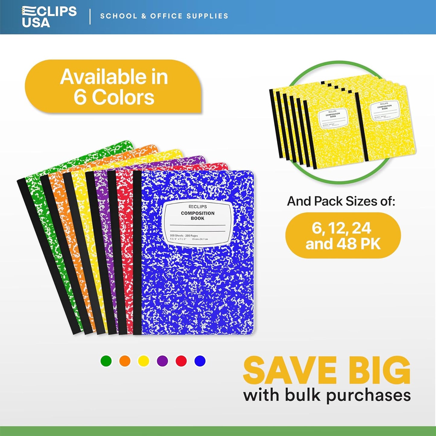 E-CLIPS USA Composition Notebooks, (6 Pack), Wide Ruled Composition Notebook, Marble Composition Notebook, 100 sheets, 200 Pages (6, Yellow)