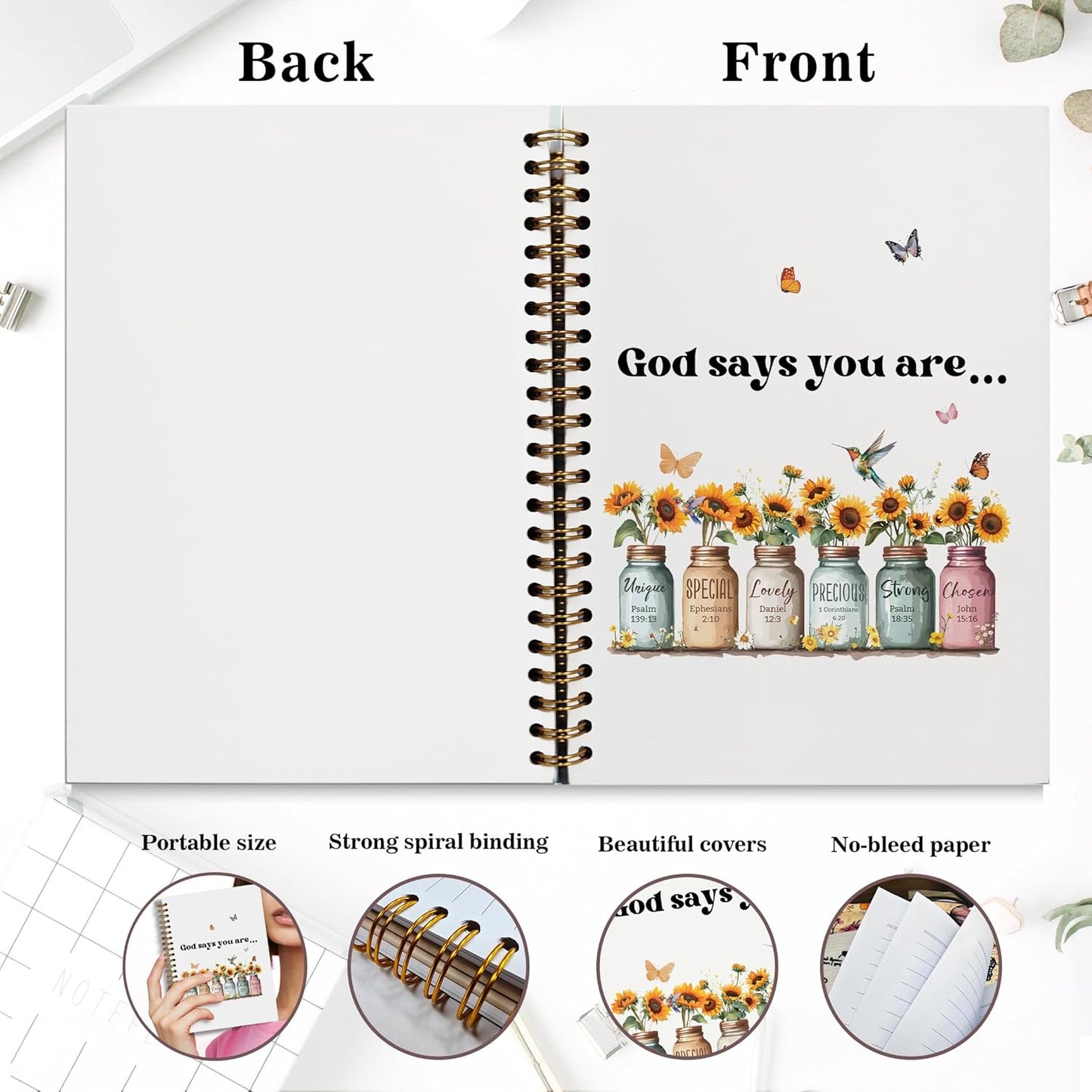 Bible Notebook, A5 Spiral Christian Journal with Sunflower Notebook, Bible Verse-God Says You Are, Inspirational Notebooks for Women, Bible Study, Gift for Birthday Christmas, Office Supplies