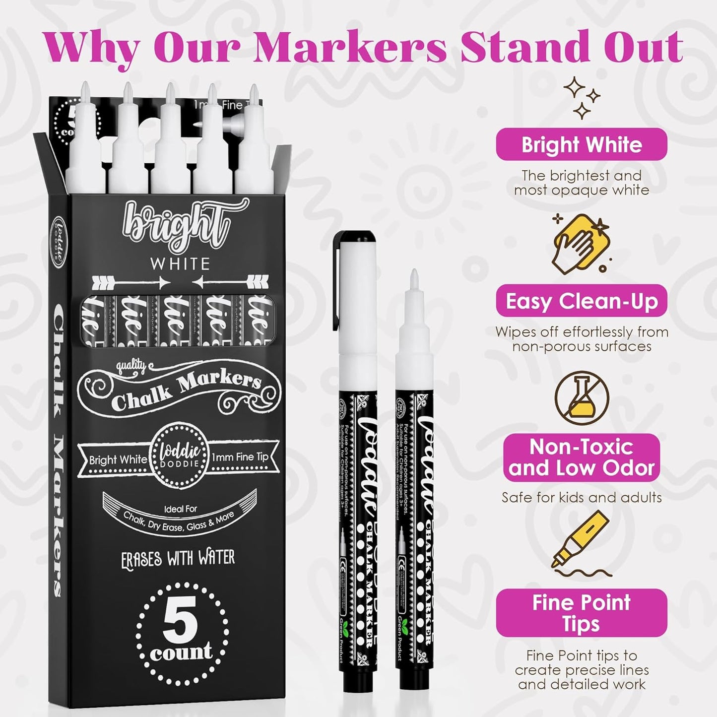 Loddie Doddie Fine Liquid Chalk Markers for Chalkboard - 5 Count Erasable Low-Odor White Chalkboard Markers with Fine Tip - White Chalk Pens - Erasable Pens
