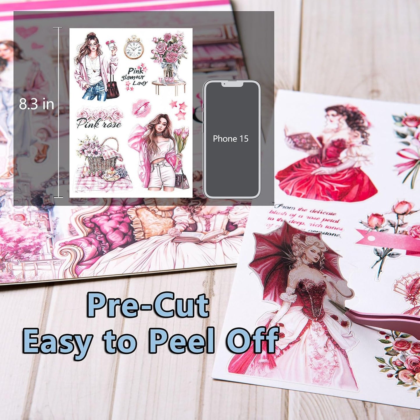 YagCu Journal Sticker Book, Moment of Love Scrapbook Stickers, Junk Journal Supplies, Pre-Cut Aesthetic Scrapbooking and Journaling for Women, Pink Decorative Ephemera Bullet Planner DIY Arts