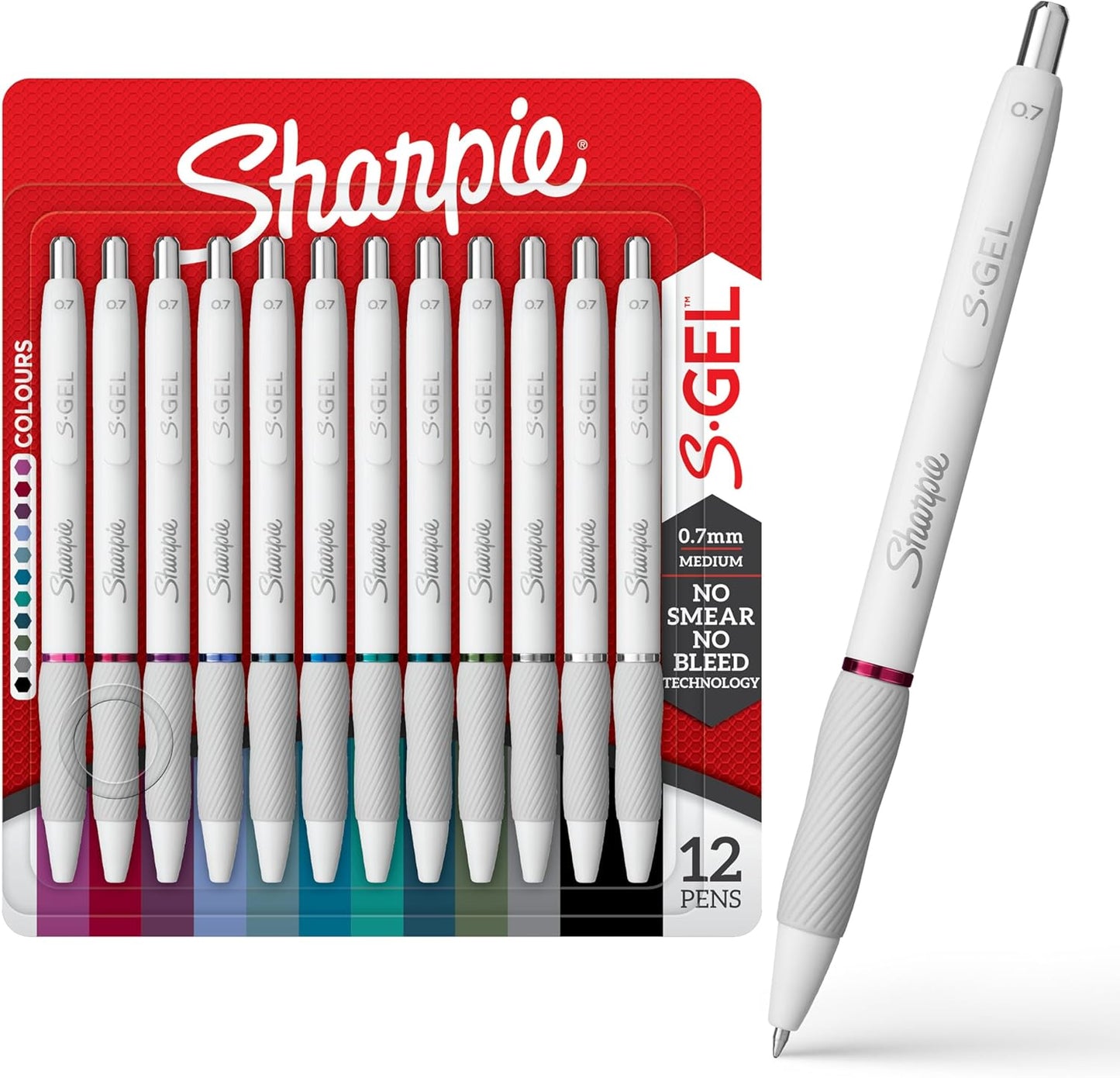 Sharpie S-Gel Pens, Fashion Barrel Gel Pens, Pearl White Body, Medium (0.7mm) Point, Bold Ink Colors, 12 Count