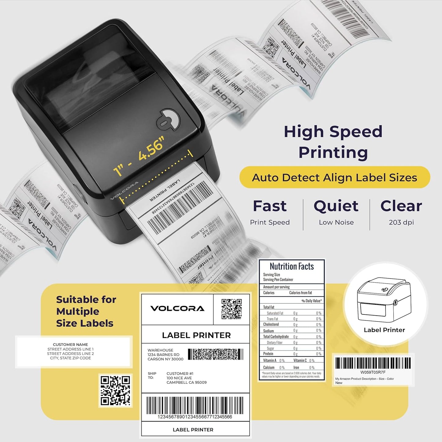 Volcora Thermal Label Printer with Ethernet/USB - Desktop 4x6 Shipping Label Printer, Compatible with Windows, Linux, Mac - Ideal for Small Business, Inkless Printer for Shipping Packages (Black)