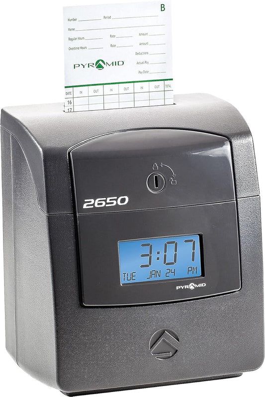 Pyramid Time Systems - Pyramid Technologies 2650 Pro Auto Aligning Time Clock, Bundle Includes: 25 Time Cards, Ribbon and 2 Security Keys - Charcoal (5 "h x 7.25 "w x 8.5" d)