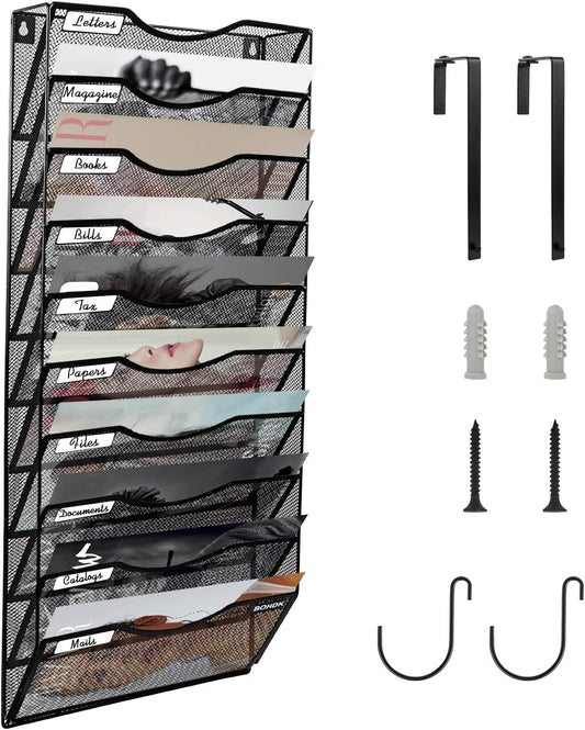 Wall File Organizer, 10 Tire Hanging File Folder Mail Organizer, Vertical Mesh Metal Door/Wall Mount Hanging File Holder, Paper Document Magazine Rack with Hooks for Home Office Black