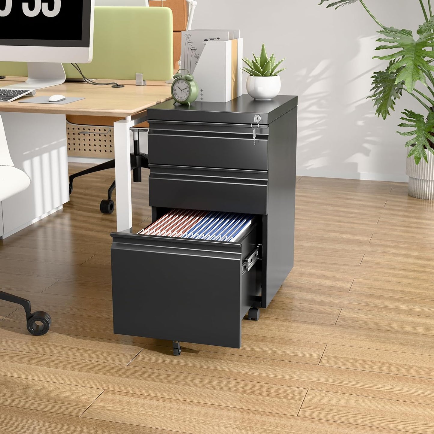 3 Drawer Under Desk Mobile File Cabinet with Lock, Metal Storage Cabinet for Office & Home, Legal/Letter Size, Fully Assembled Except Wheels, Black