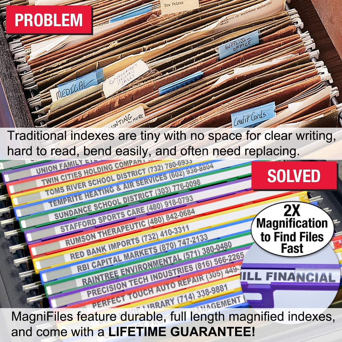 Ultimate Office MagniFile Insertable Hanging File Folder Tabs. Indexes That Double The Size of Your File Titles to Find Files Fast! (Set of 20), Assorted